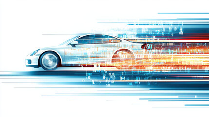 futuristic car with digital speed effects on white background