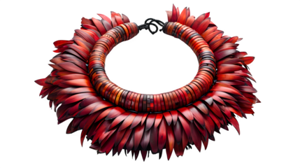 Samoan warrior necklace (ulafala) with red pandanus fruit pods, circular flat lay, isolated  
