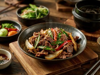 Fototapeta premium Savory stir-fried beef with vegetables served in a rustic restaurant setting during dinner time