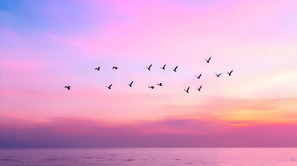 Fototapeta premium Colorful Sunset With Birds Flying Over Ocean