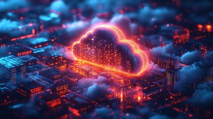 Glowing cloud shape surrounded by dark blue and orange abstract forms.