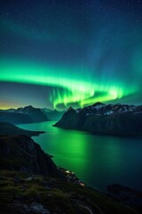 Naklejka premium a view of a green aurora bore over a lake and mountains