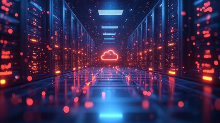 Digital server room with glowing cloud icon and blue and red lighting.