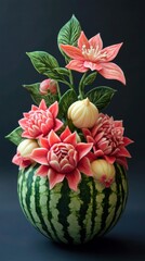 Obraz premium A beautiful swan-shaped carving made from a watermelon, gracefully displayed.