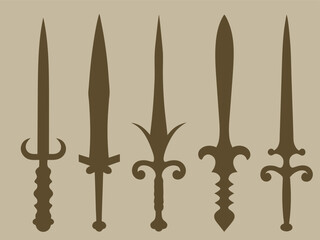 Elegant Medieval Sword Silhouettes Vector Illustration – Historical Decorative Weapons Design.