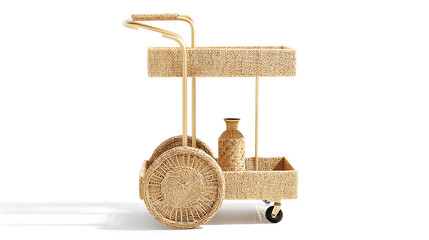 A wicker cart with a vase on top