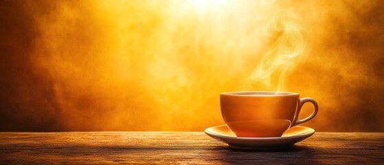 Obraz premium A steaming cup of coffee on a wooden table with a warm, golden background.