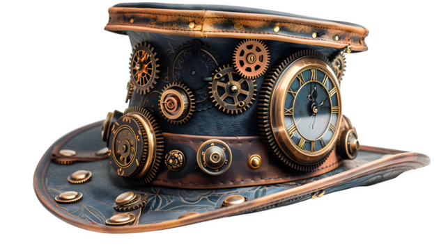 Steampunk top hat with clock gears and leather trim, angled display, isolated on white
