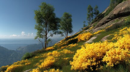 Scenic Landscape with Bright Yellow Flowers and Green Trees Against a Clear Blue Sky Overlooking a Tranquil Body of Water in a Mountainous Setting