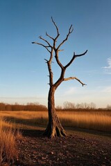 Fototapeta premium there is a bare tree in a field with a blue sky