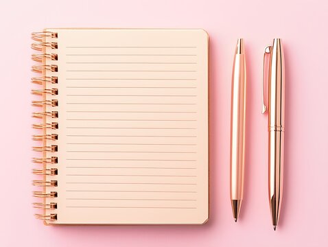 Rose Gold Notebook and Pens on Pink Background - Powered by Adobe