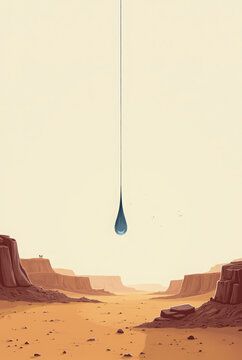 Generative AI Oasis Dream: Water Drop in Desert desert canyon water drop arid landscape illustration horseback riding figures blue brown hope scarcity survival environment fantasy