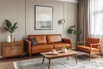 Fototapeta premium Stylish beige living room featuring a brown leather sofa and modern Scandinavian design elements for a cozy aesthetic