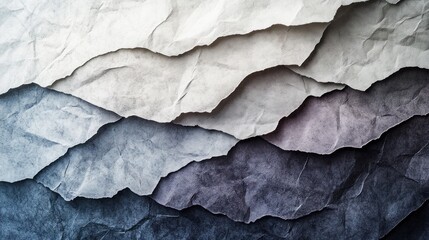Abstract background of layered and crumpled textured paper in shades of blue and gray.