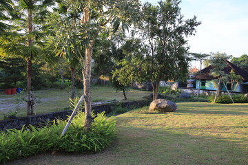 Lush green park with a house in the background. The park is filled with trees and grass, and there is a large rock in the middle of the grass