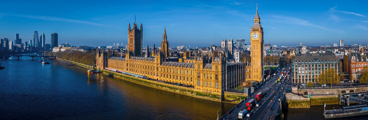 Aerial view of Big Ben and Houses of Parliament in sunny morning in London