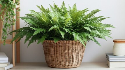 Lush Green Fern in Brown Wicker Basket on Shelf