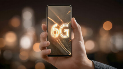 Male hand holding modern smartphone displaying bright 6G symbol with dynamic golden light effects against urban night background with bokeh. Concept of future mobile technology