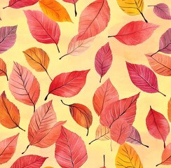 Autumn leaves  seamless pattern in red, orange, and pink color scheme