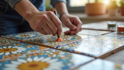 Obraz premium Hands painting traditional ceramic designs on tiles 