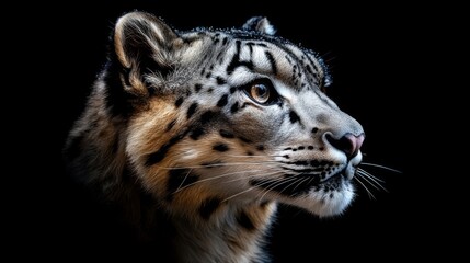 Obraz premium Close Up Profile of Snow Leopard Against Black Background