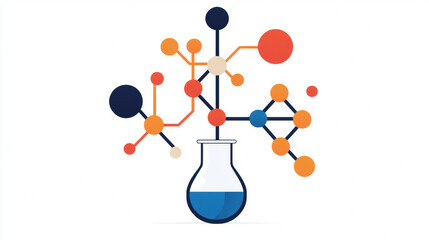 A colorful illustration of a laboratory flask connected to various molecular structures, symbolizing chemistry and scientific exploration.