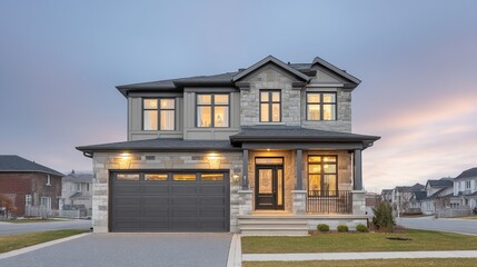 Modern Suburban House Exterior, Clean Architectural Lines, Soft Daylight Illumination, Residential Neighborhood Background