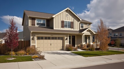 Modern Suburban House Exterior, Clean Architectural Lines, Soft Daylight Illumination, Residential Neighborhood Background