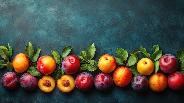 Fresh plums and apricots arranged in a border on a dark teal background