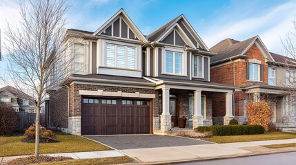 Modern Suburban House Exterior, Clean Architectural Lines, Soft Daylight Illumination, Residential Neighborhood Background