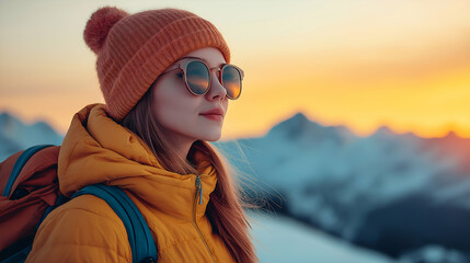 Woman hiker winter mountains, orange jacket sunset view, adventurous travel nature exploration