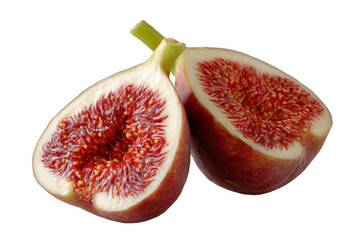 Halved Fig Showing Inner Red Texture and Seeds on White Background