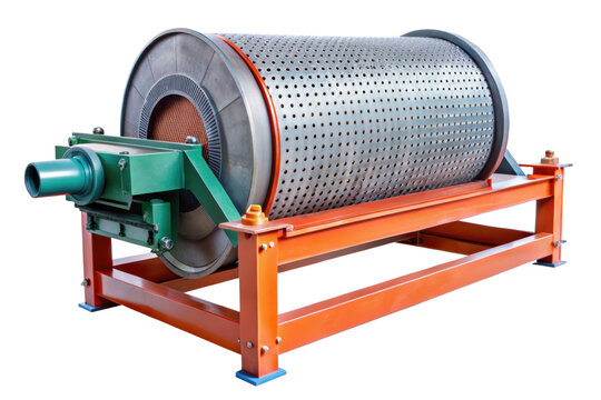 Industrial trommel screen machine for material separation isolated on a transparent background
