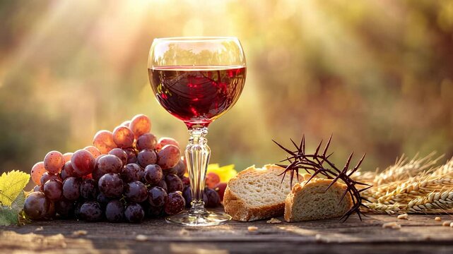 Symbolic depiction of the Eucharist with wine, bread and grapes, bathed in warm sunlight evoking themes of faith and sacrifice