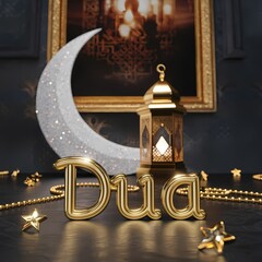 Luxurious Ramadan crescent embracing Golden lantern shining stars detailed rosary elegant 3D gold Dua typography in warm mystical cinematic setting embodying spirituality serenity and festive devotion