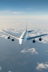 Obraz premium Passenger airplane flying above clouds in clear blue sky