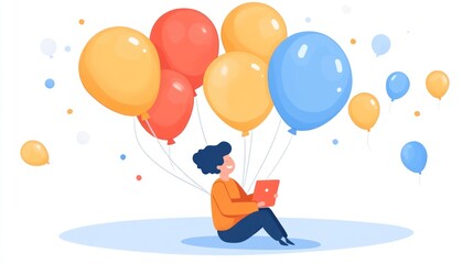 Person sitting under colorful balloons holding a tablet.