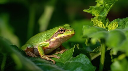 Obraz premium Tree Frog Perched on a Lush Green Leaf, Natural Sunlight Filtering Through Foliage, Shallow Depth of Field