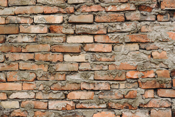 old brick wall, red and white colour, broken bricks, peeling plaster, vintage texture, background for banner, copy space
