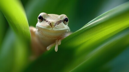 Tree Frog Perched on a Lush Green Leaf, Natural Sunlight Filtering Through Foliage, Shallow Depth of Field