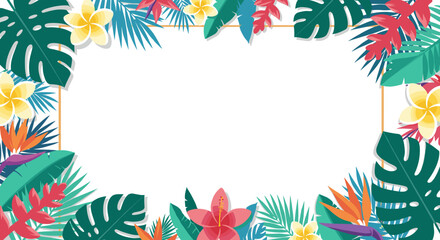 Tropical floral border with colorful leaves and flowers for invitations or presentations, vector illustration, copy space