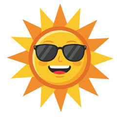 Smiling sun character wearing sunglasses, cheerful expression, vector illustration