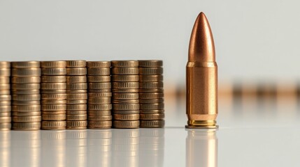 A single bullet stands tall in front of a row of stacked coins, symbolizing the high cost of violence and the potential dangers of greed.