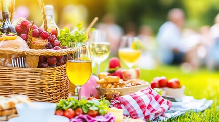 Picnic basket filled with food and drinks on a grassy lawn