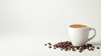 Fototapeta premium Hot Coffee in White Cup with Coffee Beans on White Background
