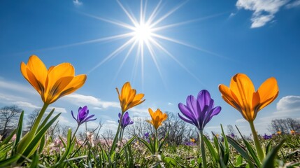 Fototapeta premium Crocus Flowers Blooming in Spring Meadow Under Bright Sunny Sky