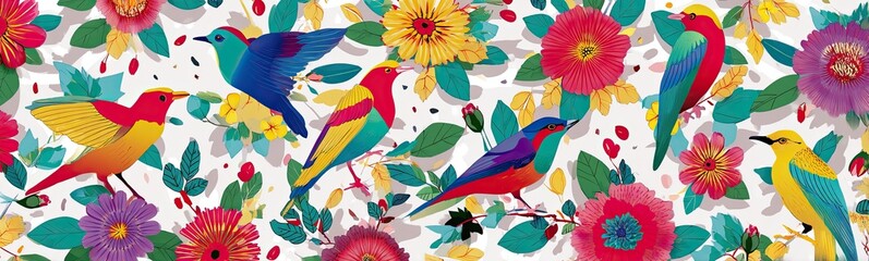 Obraz premium Colorful birds flying among bright blooming flowers with green leaves on white background