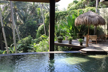 Pool with a bamboo umbrella and a patio area with chairs and potted plants. The pool is surrounded by trees and the patio area has a tropical feel