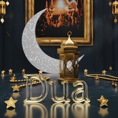 Luxurious Ramadan crescent embracing Golden lantern shining stars detailed rosary elegant 3D gold Dua typography in warm mystical cinematic setting embodying spirituality serenity and festive devotion