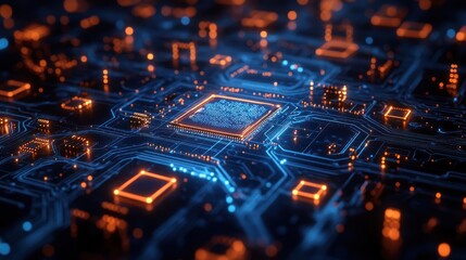 Obraz premium Abstract close-up of a glowing computer chip and circuit board design.